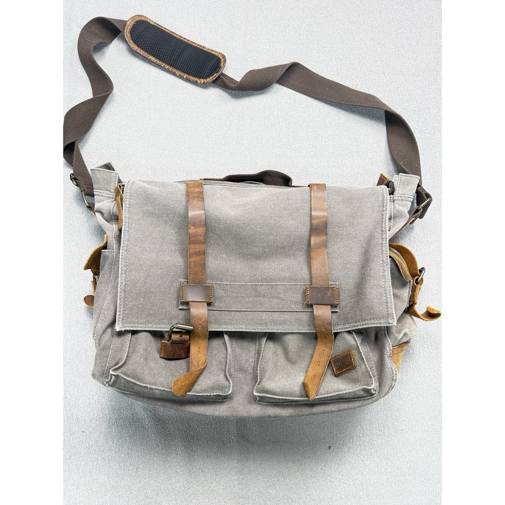 Lifewit Canvas Messenger Bag Gray Brown Leather Trim Shoulder Laptop Travel Bag